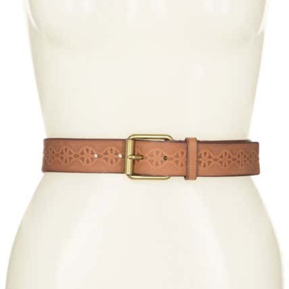 Frye Embellished Leather Buckle Belt Tan Gold Size Large NEW
